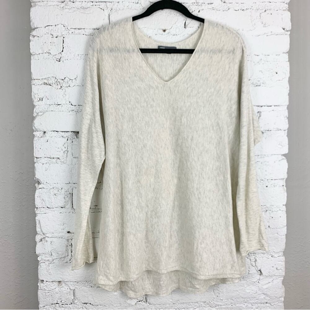 Vince V-neck Cotton Long Sleeve Heathered Grey Cream Sweater Medium